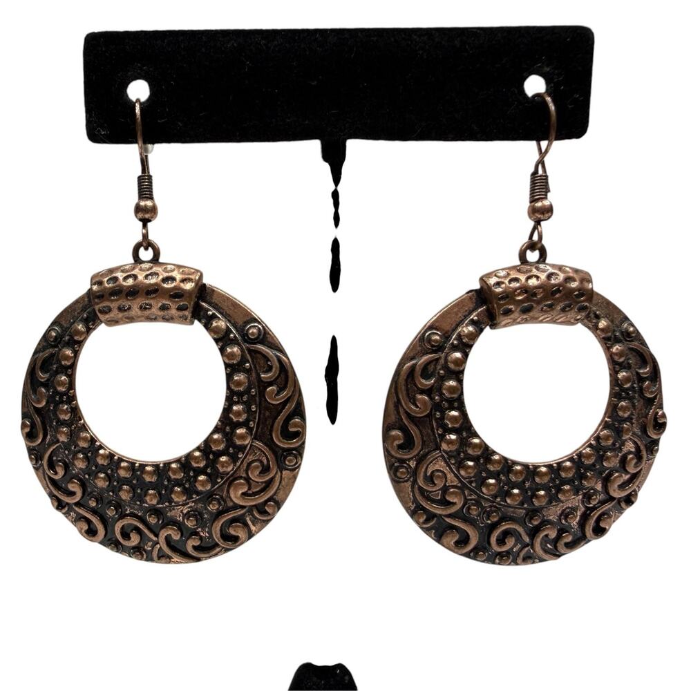 Ornate Antique Copper Tone Dangle Earrings Bohemian Fishhook Fashion 2 in